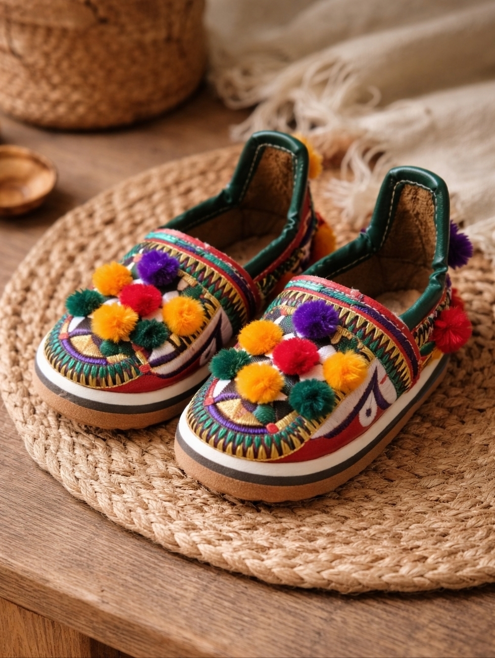 Handcrafted Boho Embroidered Pom-Pom Slippers | Artisan Moroccan | Baby/Toddler